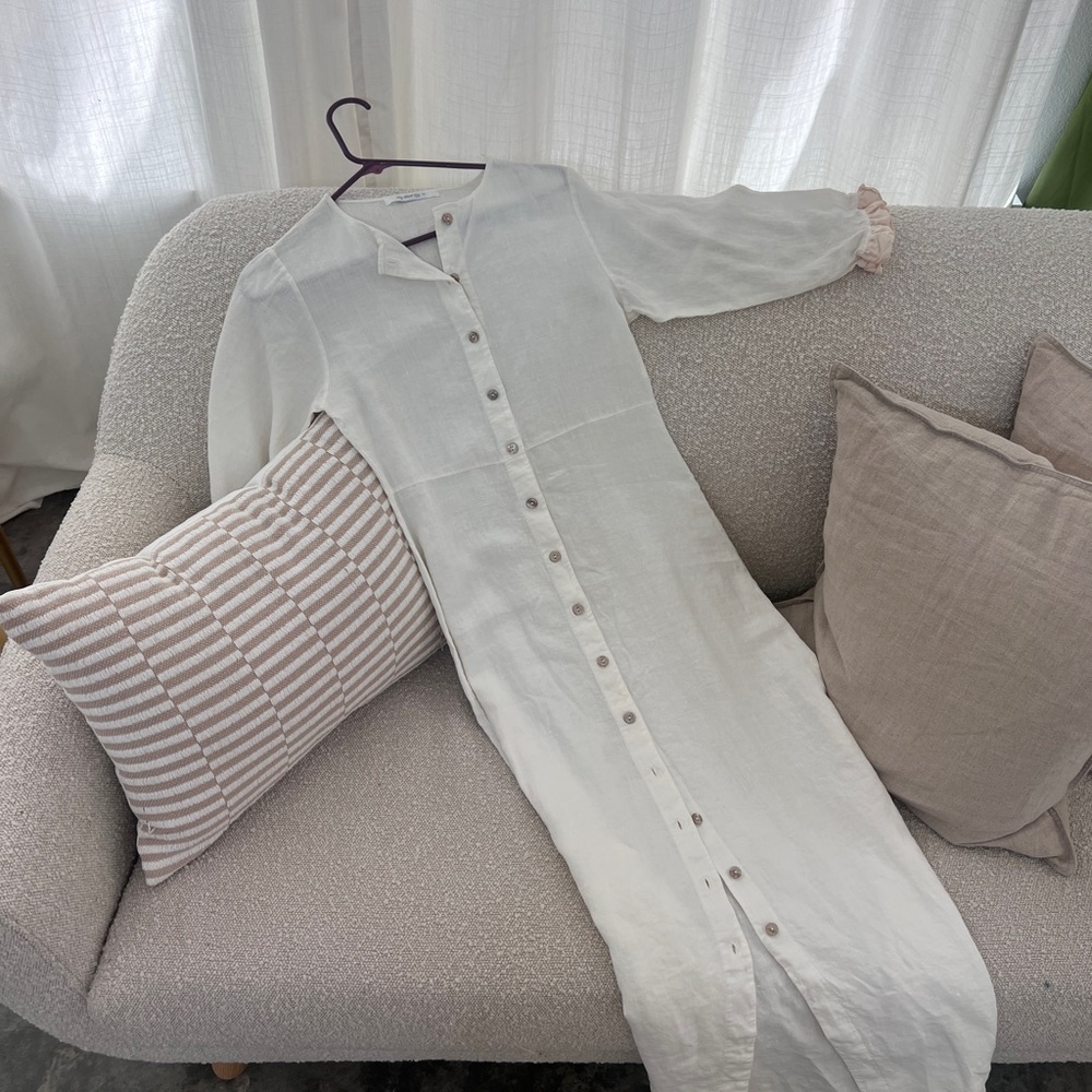 Women's Long Button-Front Cream Dress with Peach Frill Sleeves
